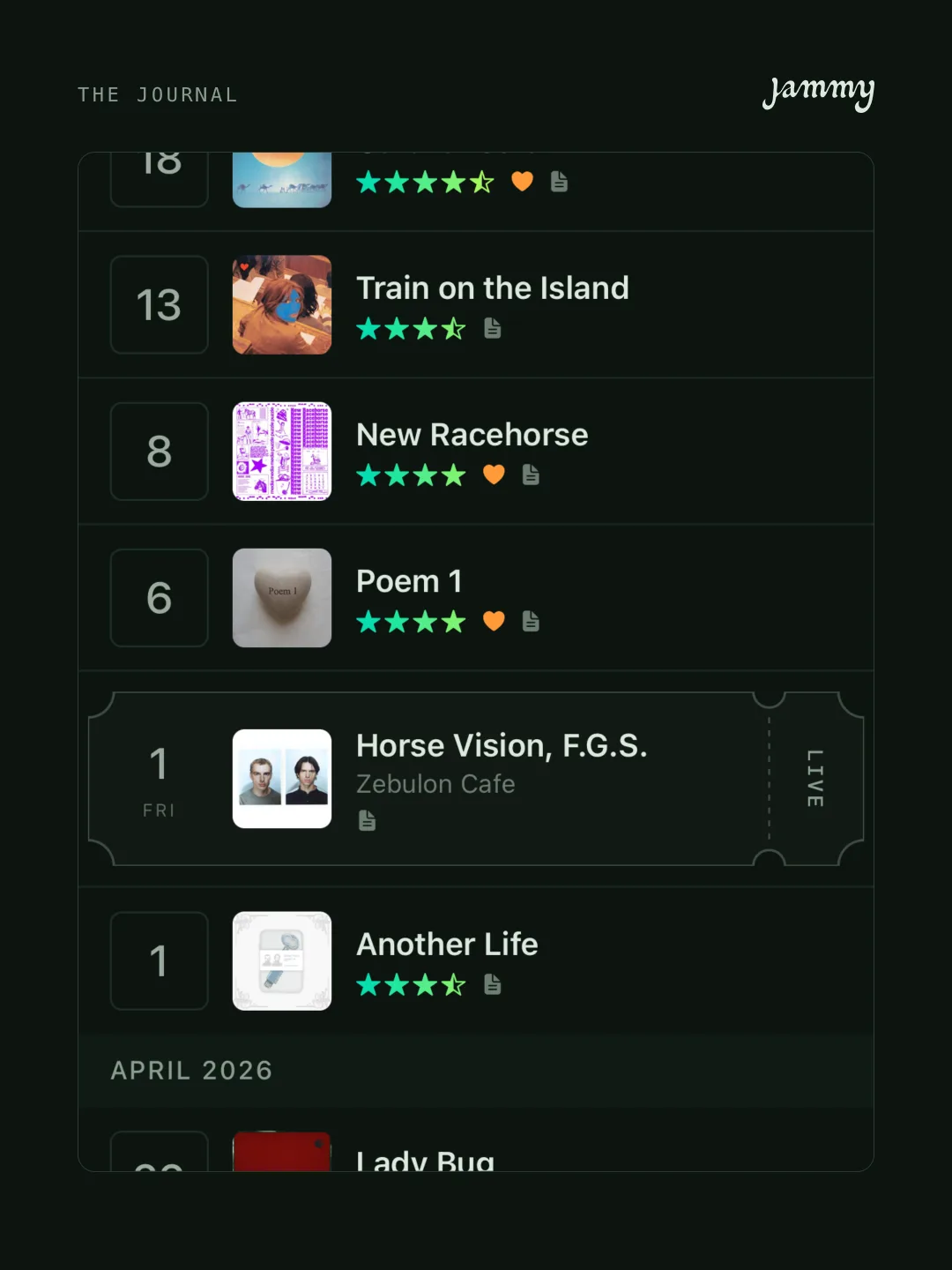 The journal: albums you logged, with stars, and a concert ticket between them