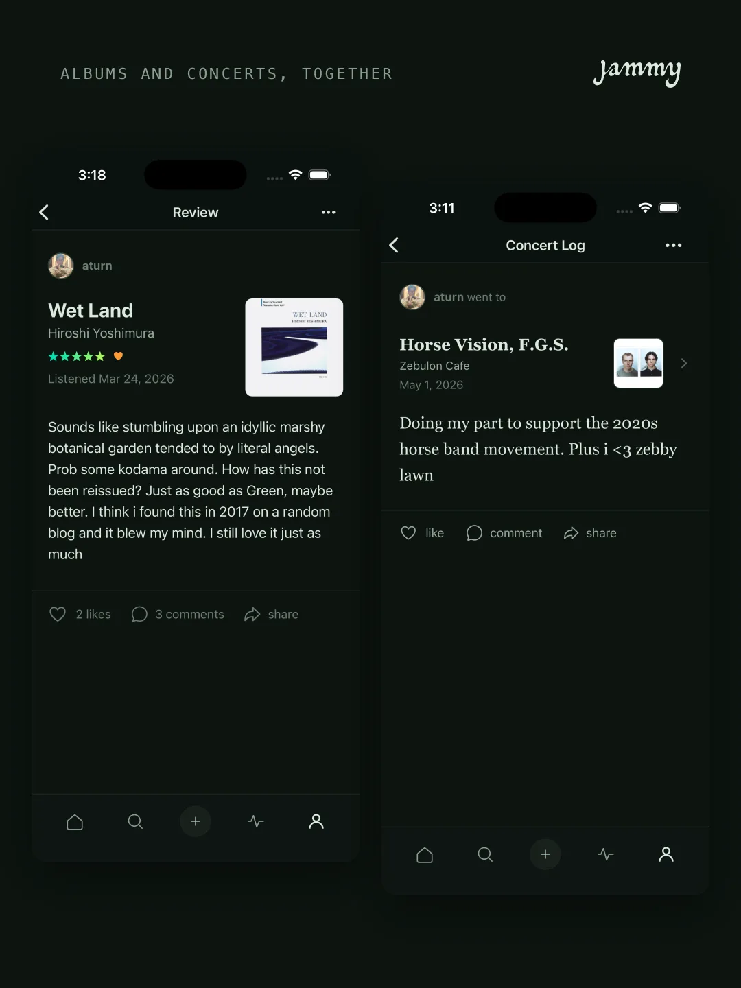 A review of an album next to a concert log