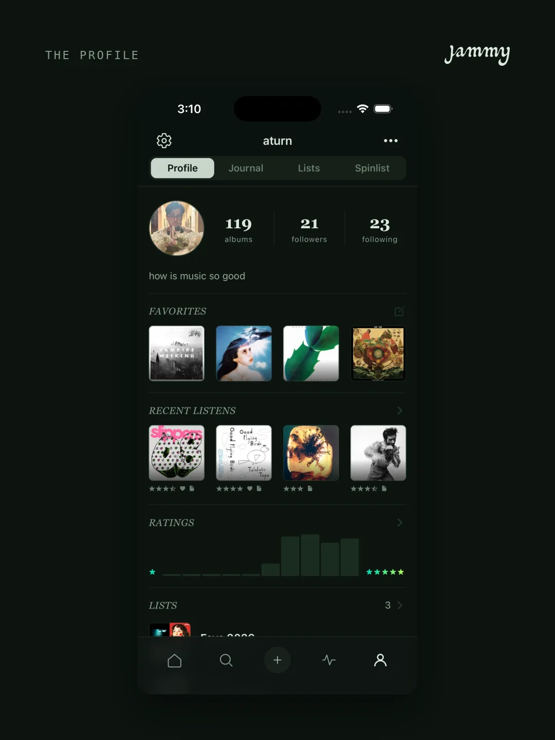 A profile: favorites, recent listens, ratings, and lists